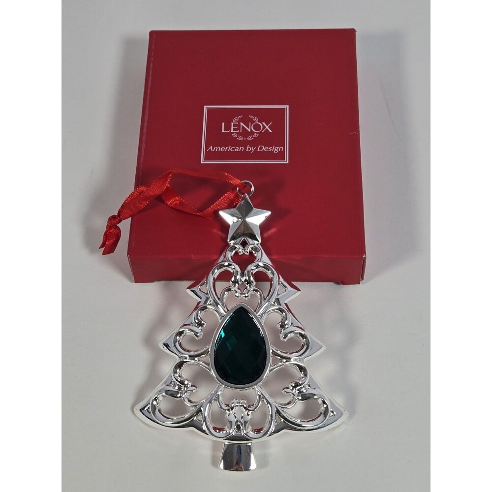 Lenox Bejeweled Tree Christmas Ornament Silverplate Green Crystal 856360 Box